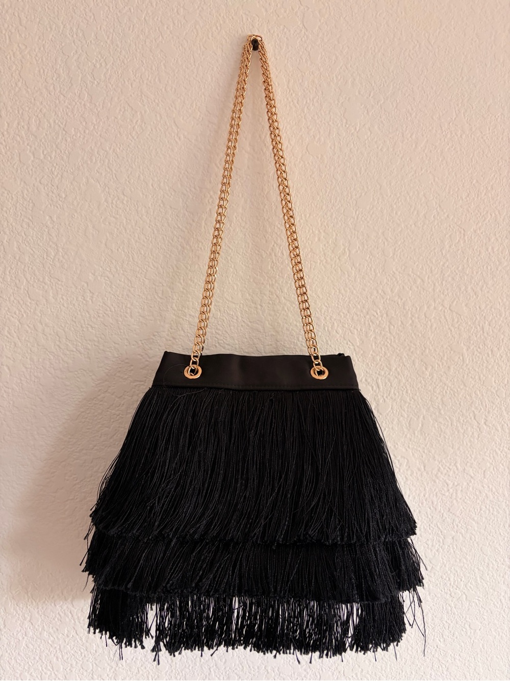 a new day Black Fringe Shoulder Bag with Gold Chain Strap